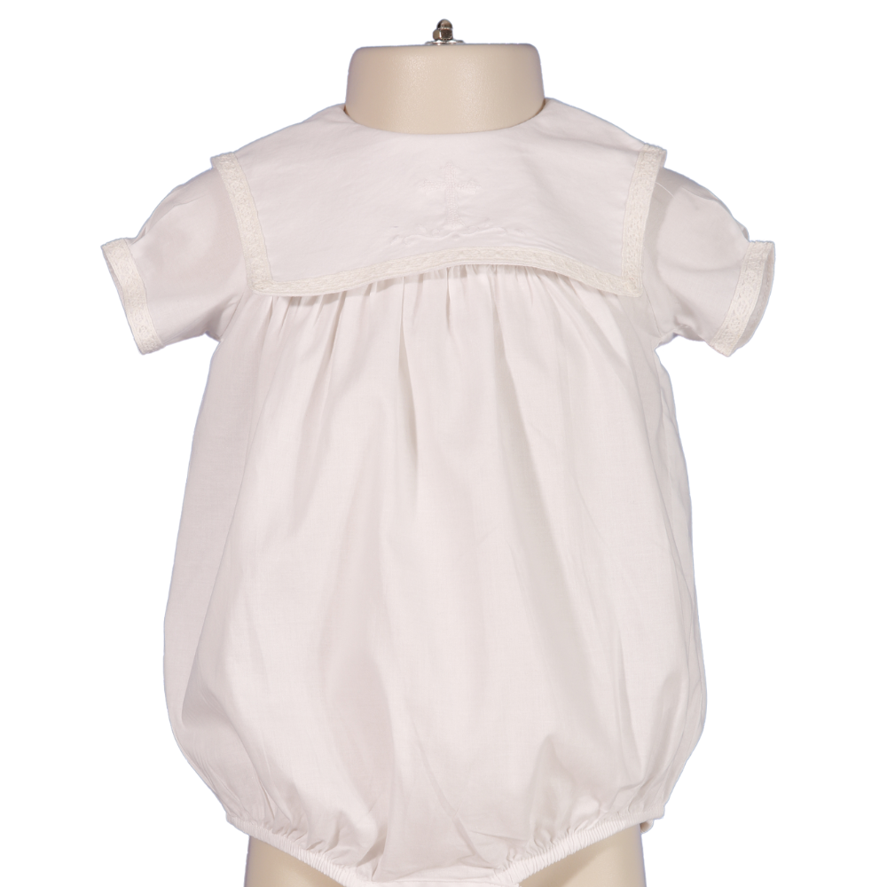 Hello Bebes! - Cross Embroidered White Boy Bubble
