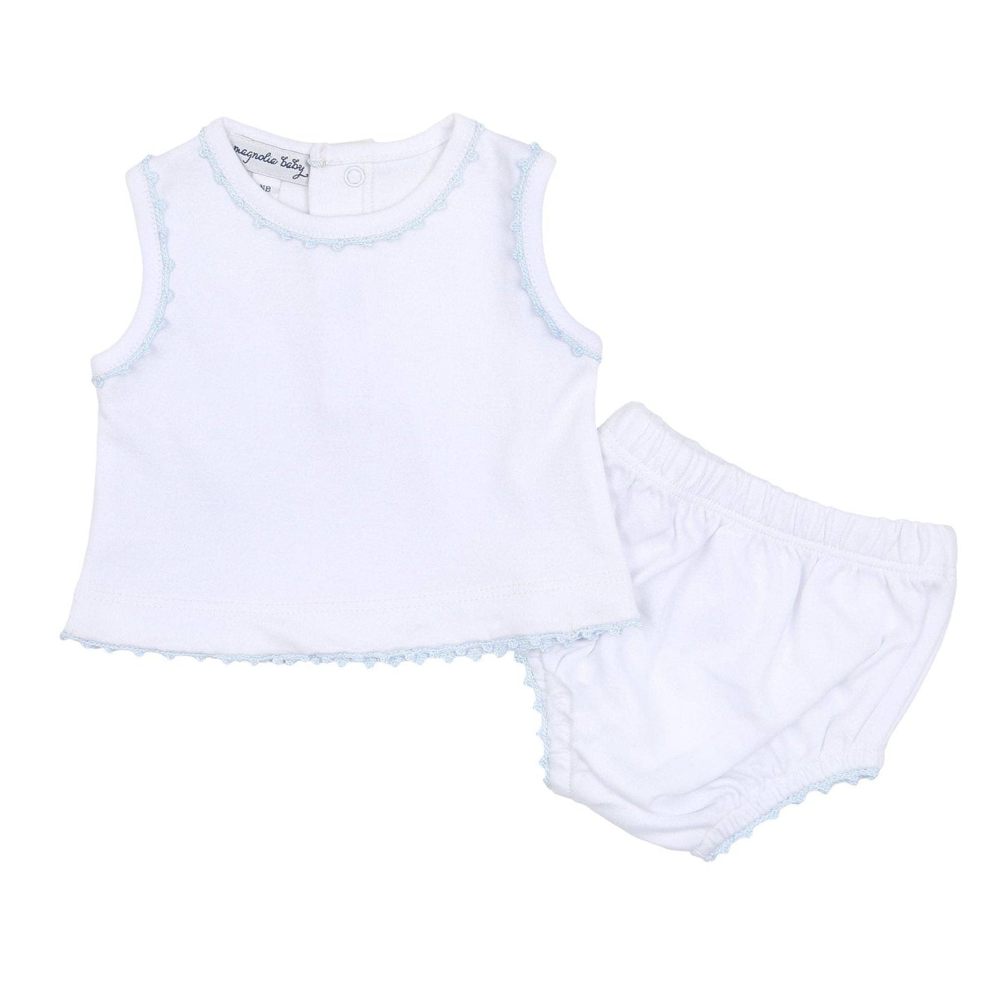 Magnolia Baby - Baby Joy Sleeveless Diaper Cover Set with Light Blue Crochet Trim: Newborn