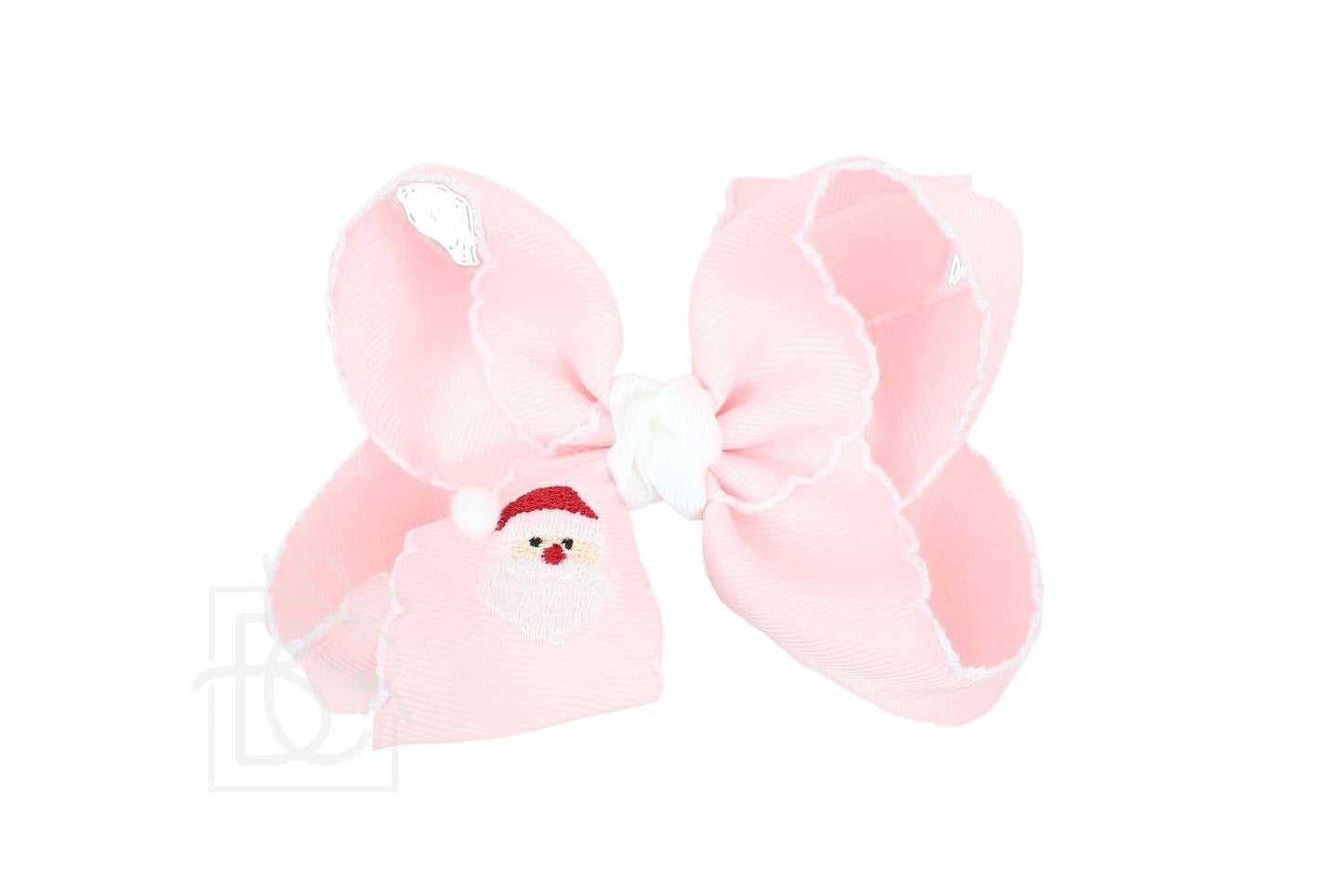 Beyond Creations, LLC - EMBROIDERED SANTA CROCHET EDGE BOWS: White w/ Light Pink Edge / 5.5" Huge