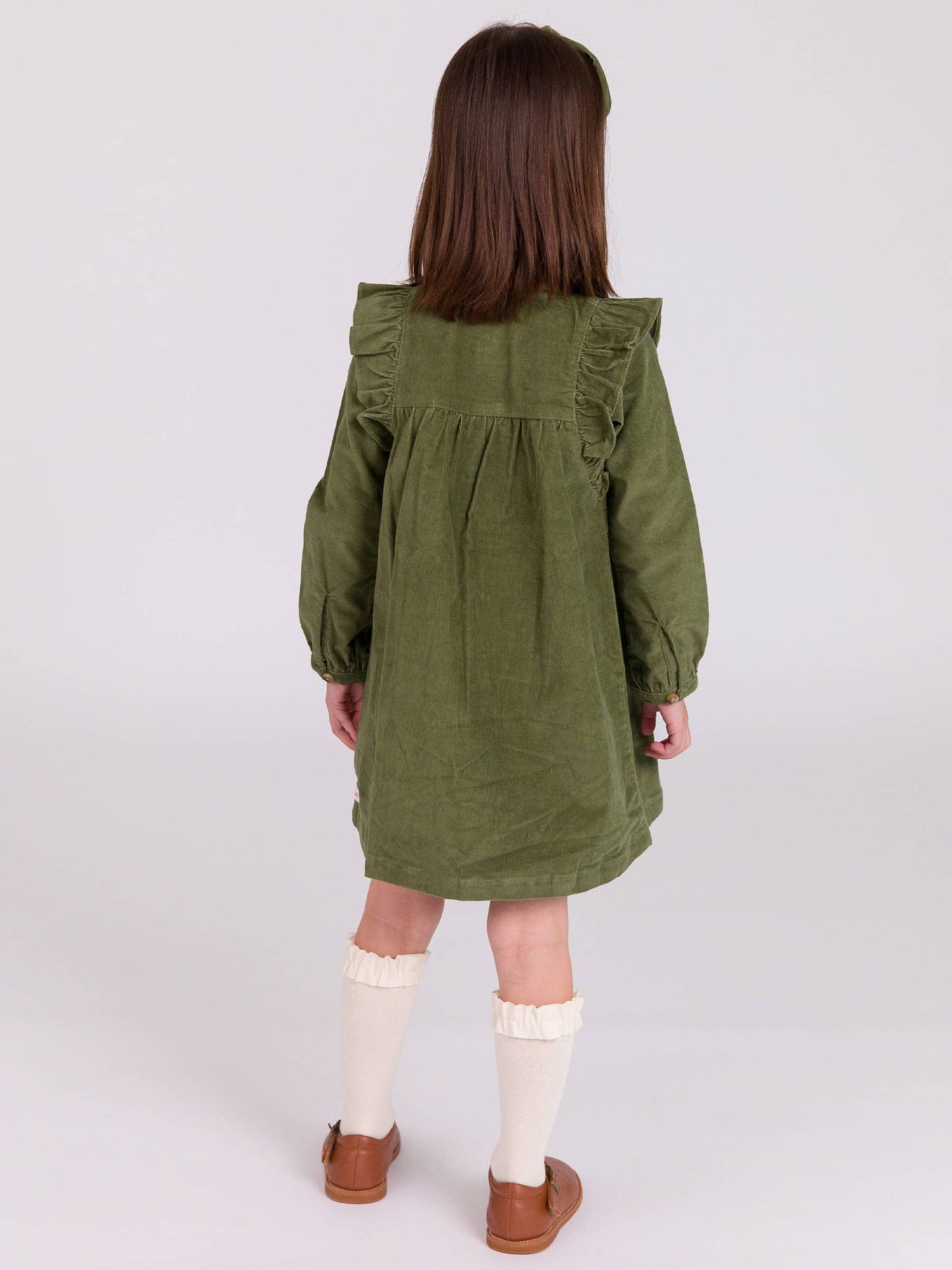 RuffleButts + RuggedButts - Girls Dusty Olive Stretch Corduroy Ruffle Detail Dress