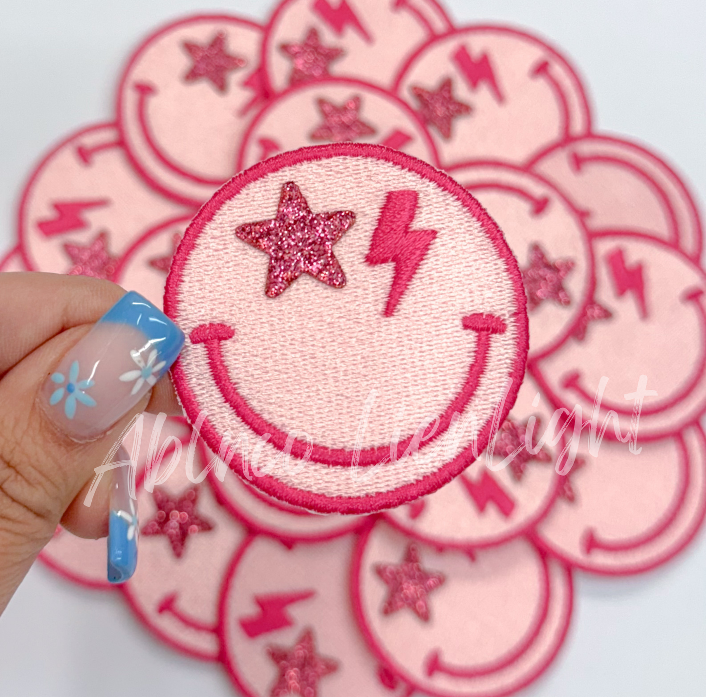 ABLN Boutique - Pink Glitter Star Bolt Smiley Face- Iron on Patch