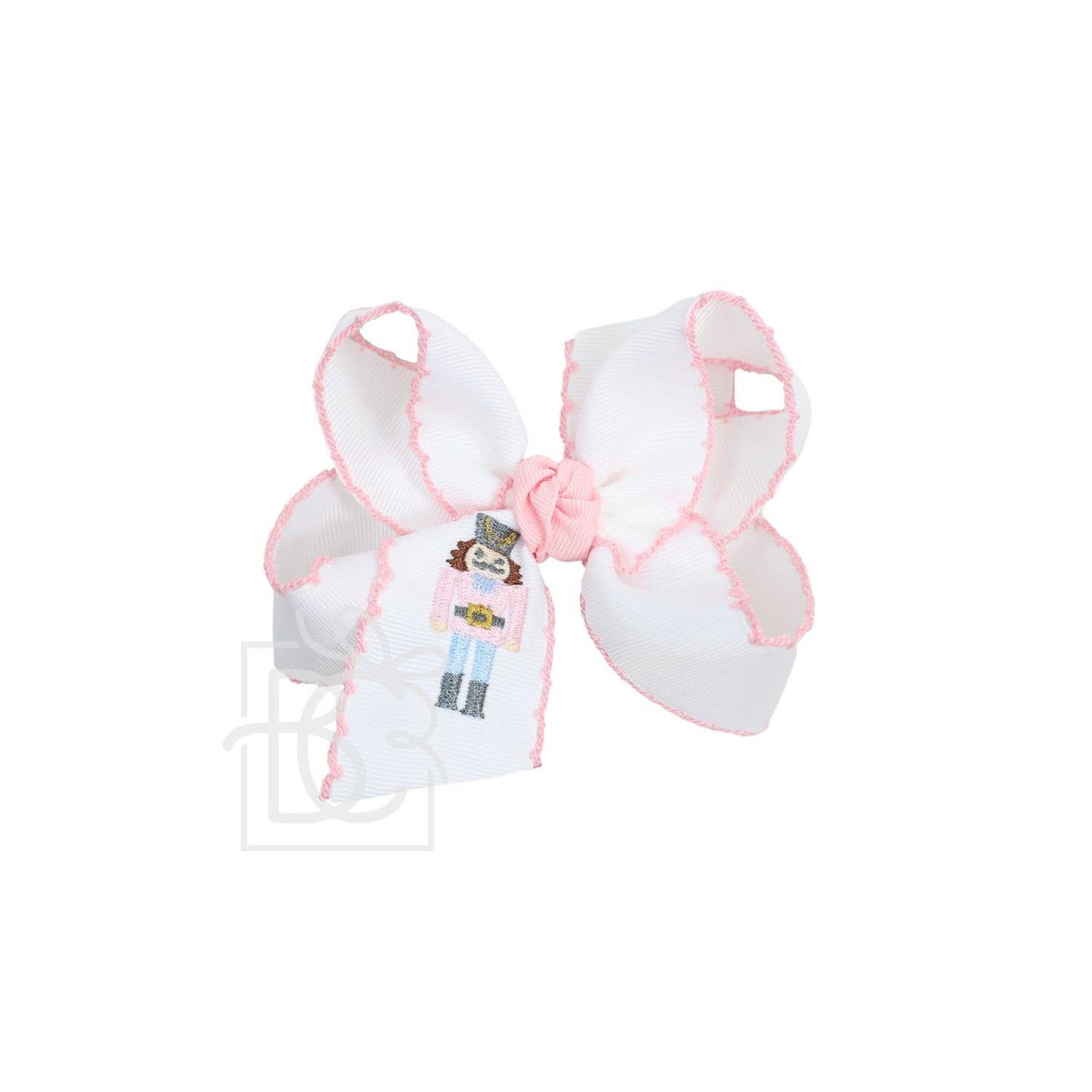 Beyond Creations, LLC - EMBROIDERED NUTCRACKER CROCHET EDGE BOWS: 5.5" Huge / White/ Light Pink Crochet Edge w/ Embroidered Nutcracker