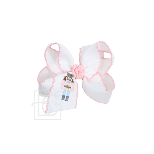 Beyond Creations, LLC - EMBROIDERED NUTCRACKER & BALLERINA CROCHET EDGE BOWS: 4.5" Large / White/ Light Pink Crochet Edge w/ Embroidered Nutcracker