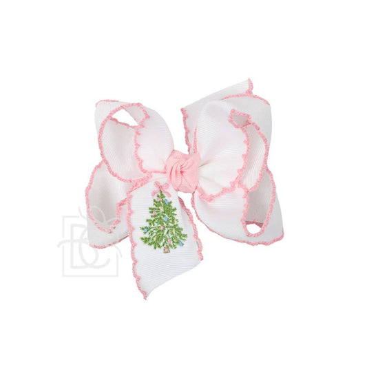 Beyond Creations, LLC - EMBROIDERED CHRISTMAS TREE CROCHET EDGE BOWS: White w/ Light Pink Crochet Edge / 5.5" Huge