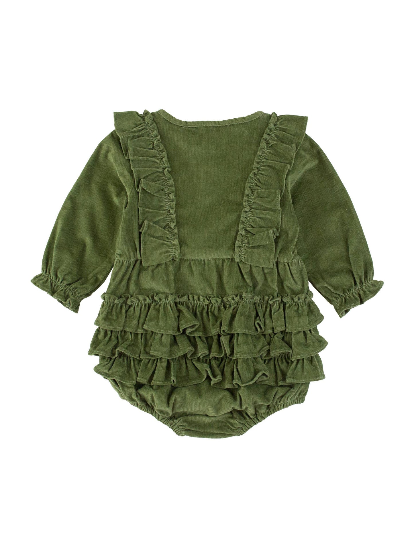 RuffleButts + RuggedButts - Baby Girls Dusty Olive Stretch Corduroy Waterfall Bubble Romper