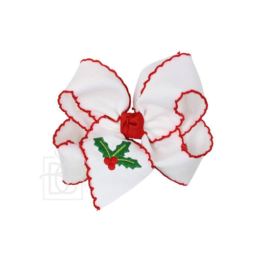 Beyond Creations, LLC - EMBROIDERED CHRISTMAS TREE HOLLY CROCHET EDGE BOWS: White w/ Red Crochet Edge / 5.5" Huge