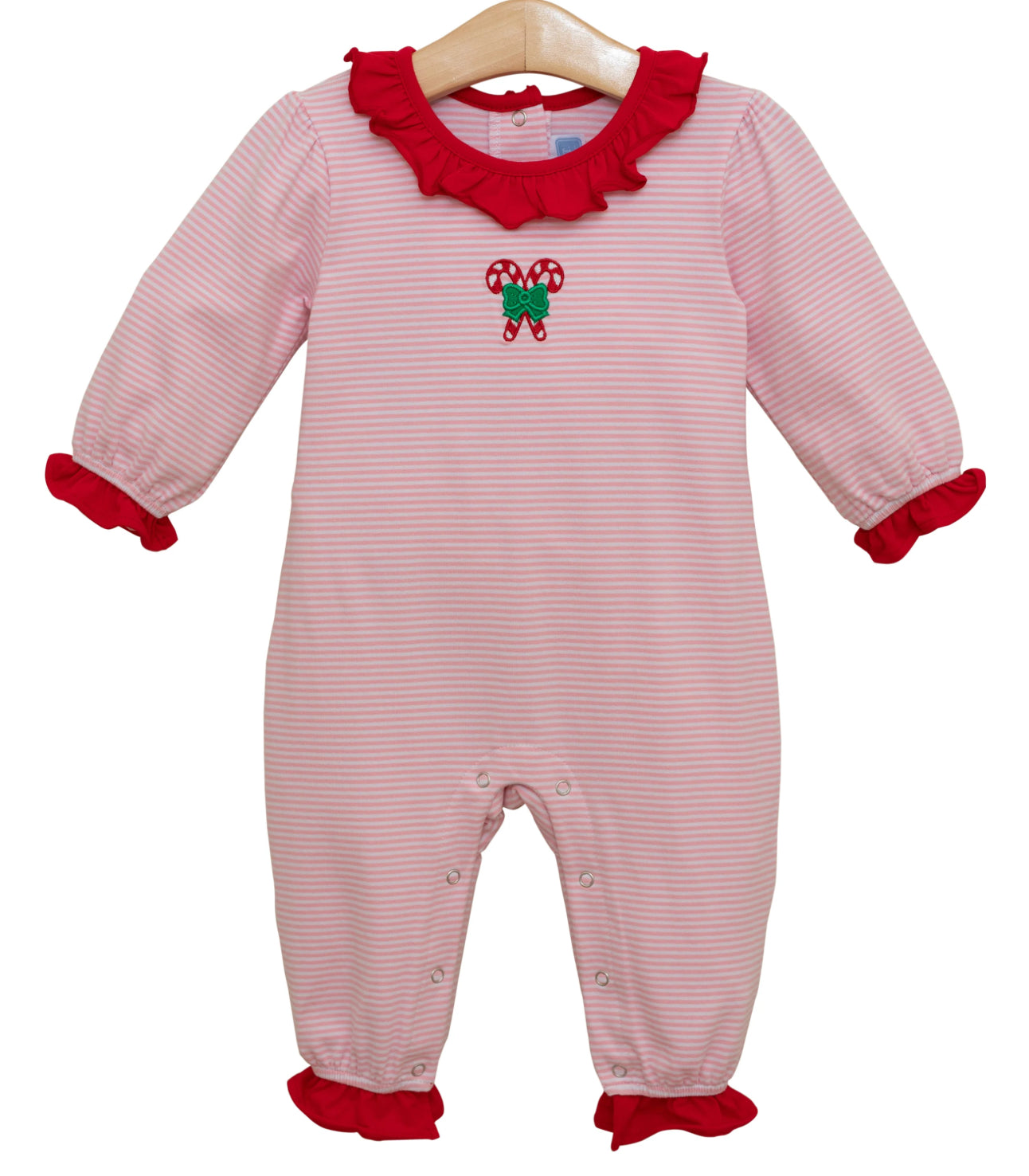 Trotter Street- Candy Cane Embroidery Ruffle Romper