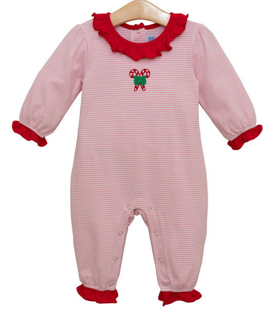 Trotter Street- Candy Cane Embroidery Ruffle Romper