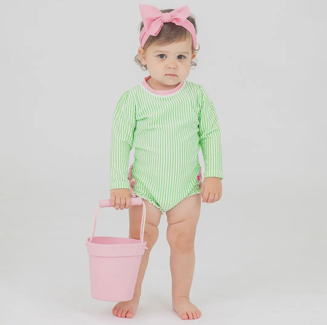 Ruffle Butt- LS- One Piece Rash Guard- Green Seersucker