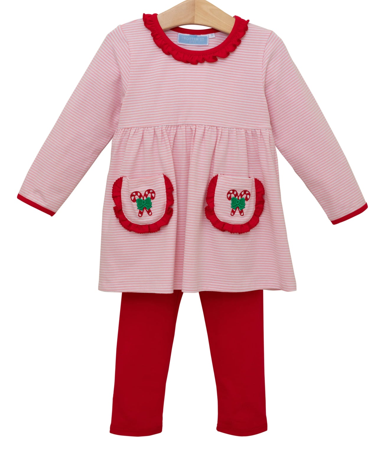 Trotter Street- Candy Cane Embroidery Ruffle Pants Set