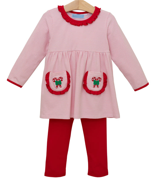 Trotter Street- Candy Cane Embroidery Ruffle Pants Set