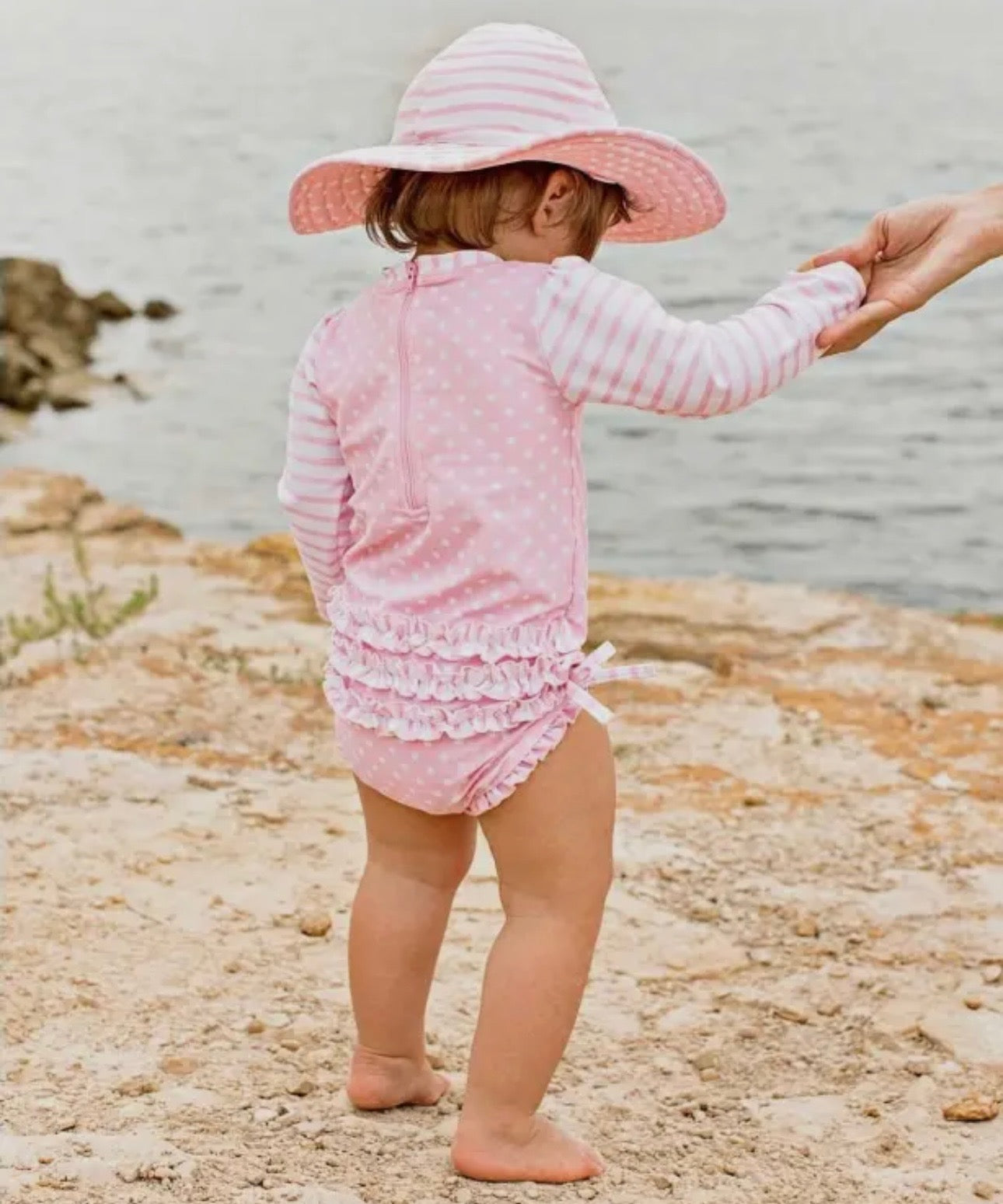 Ruffle Butts- LS One Piece Rash Guard- Pink Polka Dot