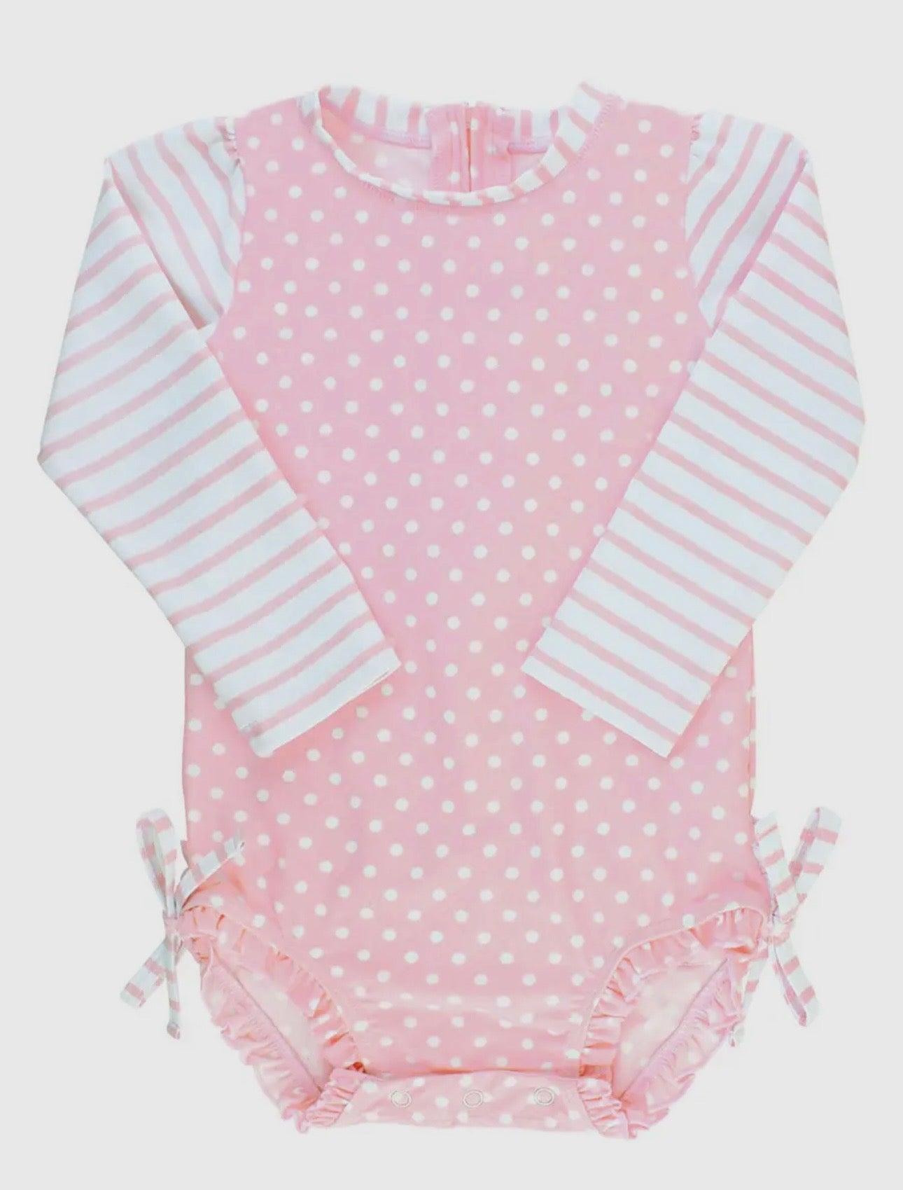 Ruffle Butts- LS One Piece Rash Guard- Pink Polka Dot