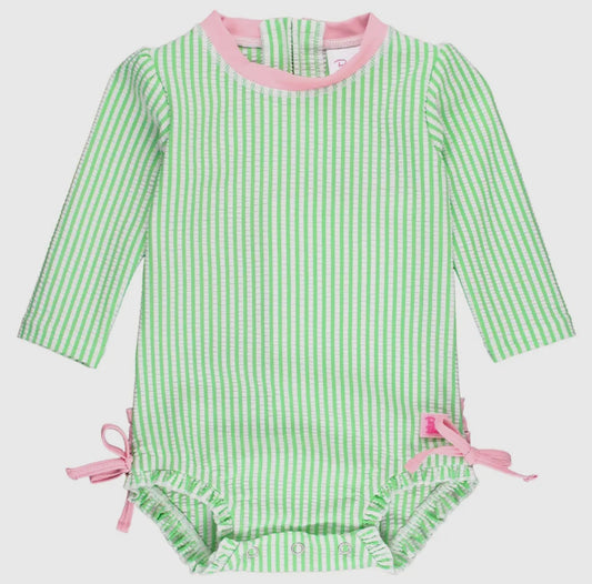 Ruffle Butt- LS- One Piece Rash Guard- Green Seersucker