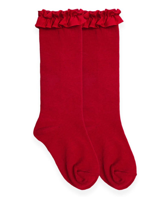 Jefferies Socks- Ruffle Knee High Socks-Red