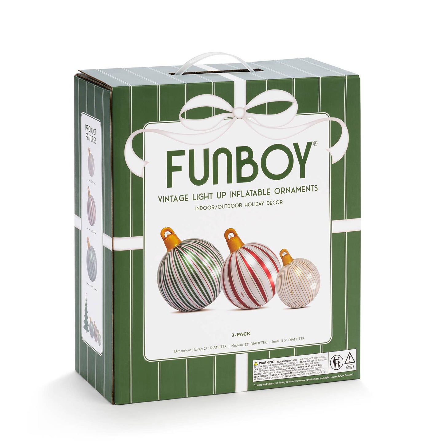 FUNBOY - Vintage Stripe Light Up Christmas Ornament Holiday Balls - 3 Pack
