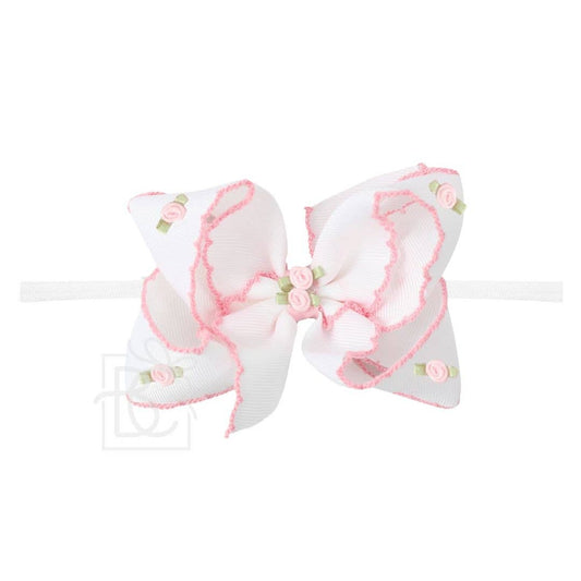 Beyond Creations, LLC - 1/4" PANTYHOSE HDBD W/ FLOWER EMBELLISHED CROCHET EDGE BOW: Antique White w/ Antique White Crochet Edge / 3.5" Medium