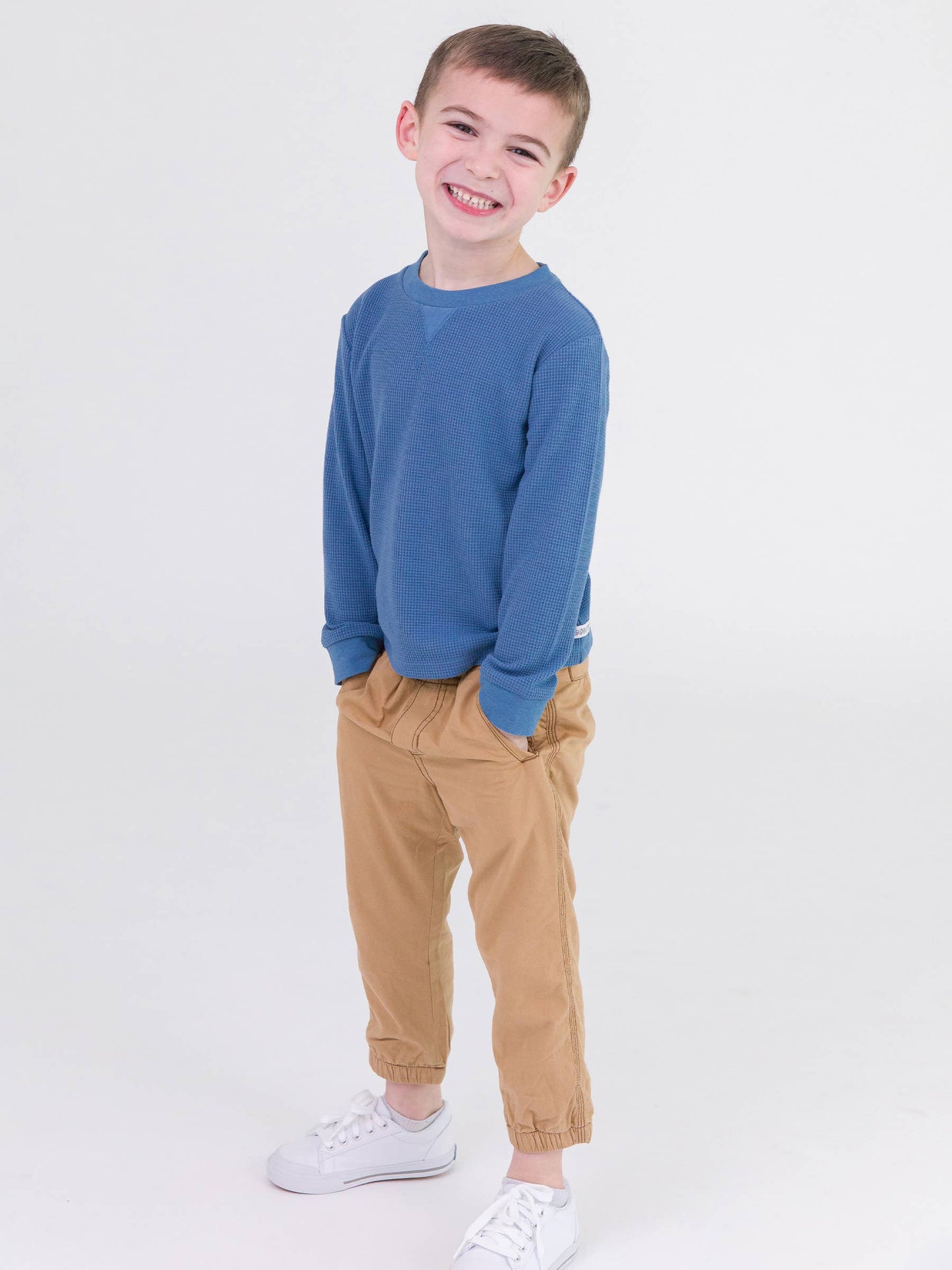 RuffleButts + RuggedButts - Boys Countryside Blue Waffle Knit Long Sleeve Crew Neck Shirt