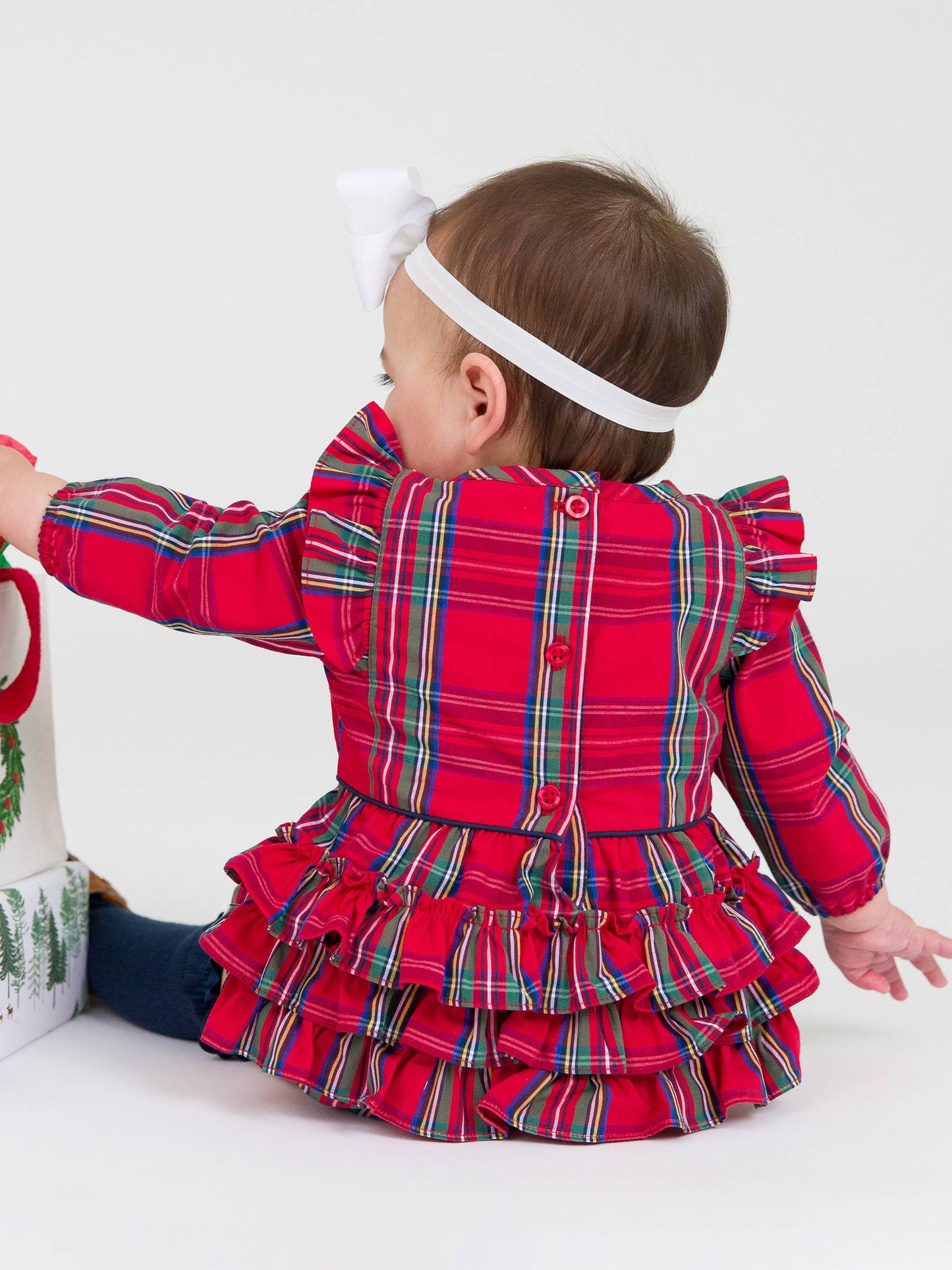 RuffleButts + RuggedButts - Baby Girls Tis The Season Plaid Long Sleeve Ruffle Trim Bubble Romper