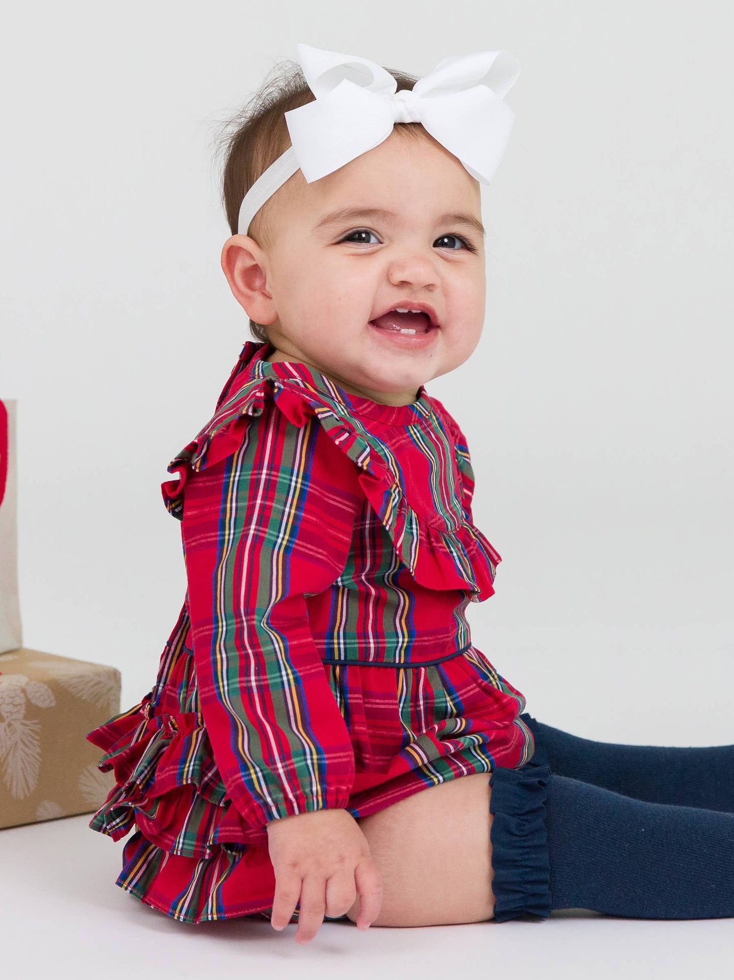 RuffleButts + RuggedButts - Baby Girls Tis The Season Plaid Long Sleeve Ruffle Trim Bubble Romper