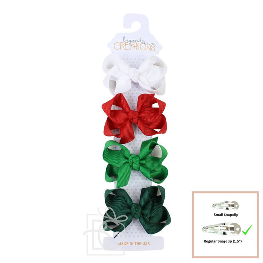 Beyond Creations, LLC - 4 PACK - 3" SMALL GROSGRAIN BOWS ON SNAP CLIP: Christmas 1 - 4 Pack: White; Red; Emerald; Forest Green