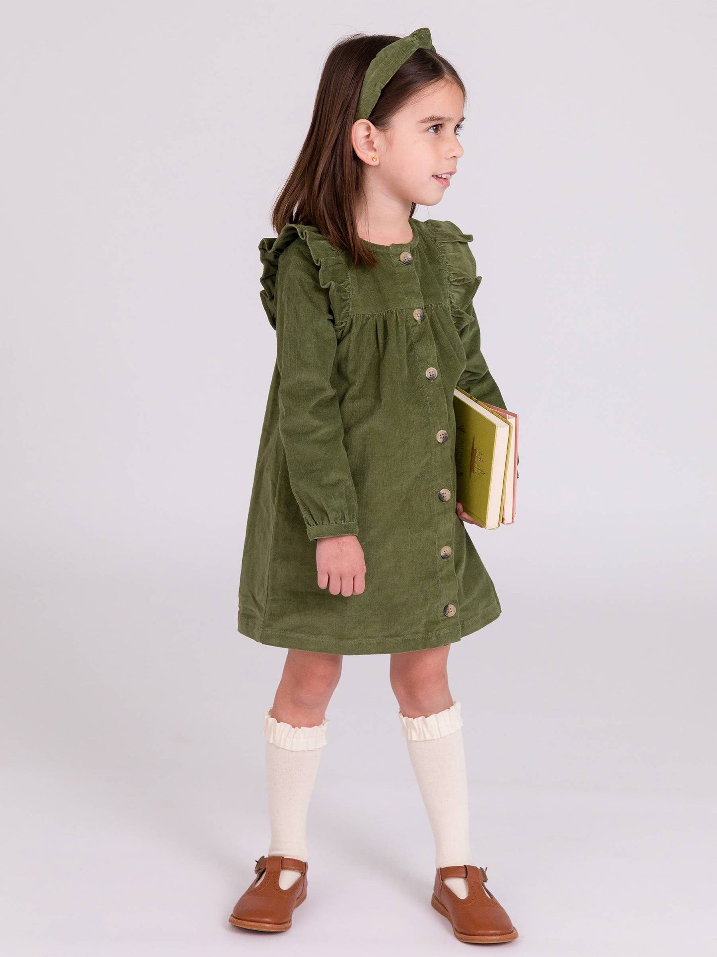 RuffleButts + RuggedButts - Girls Dusty Olive Stretch Corduroy Ruffle Detail Dress