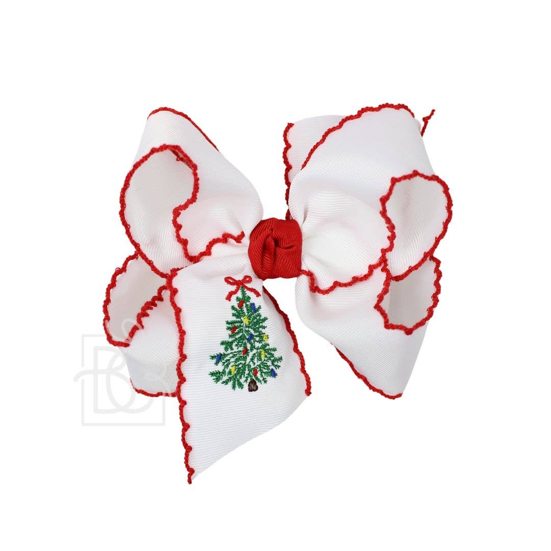 Beyond Creations, LLC - EMBROIDERED CHRISTMAS TREE CROCHET EDGE BOWS: White w/ Light Pink Crochet Edge / 5.5" Huge