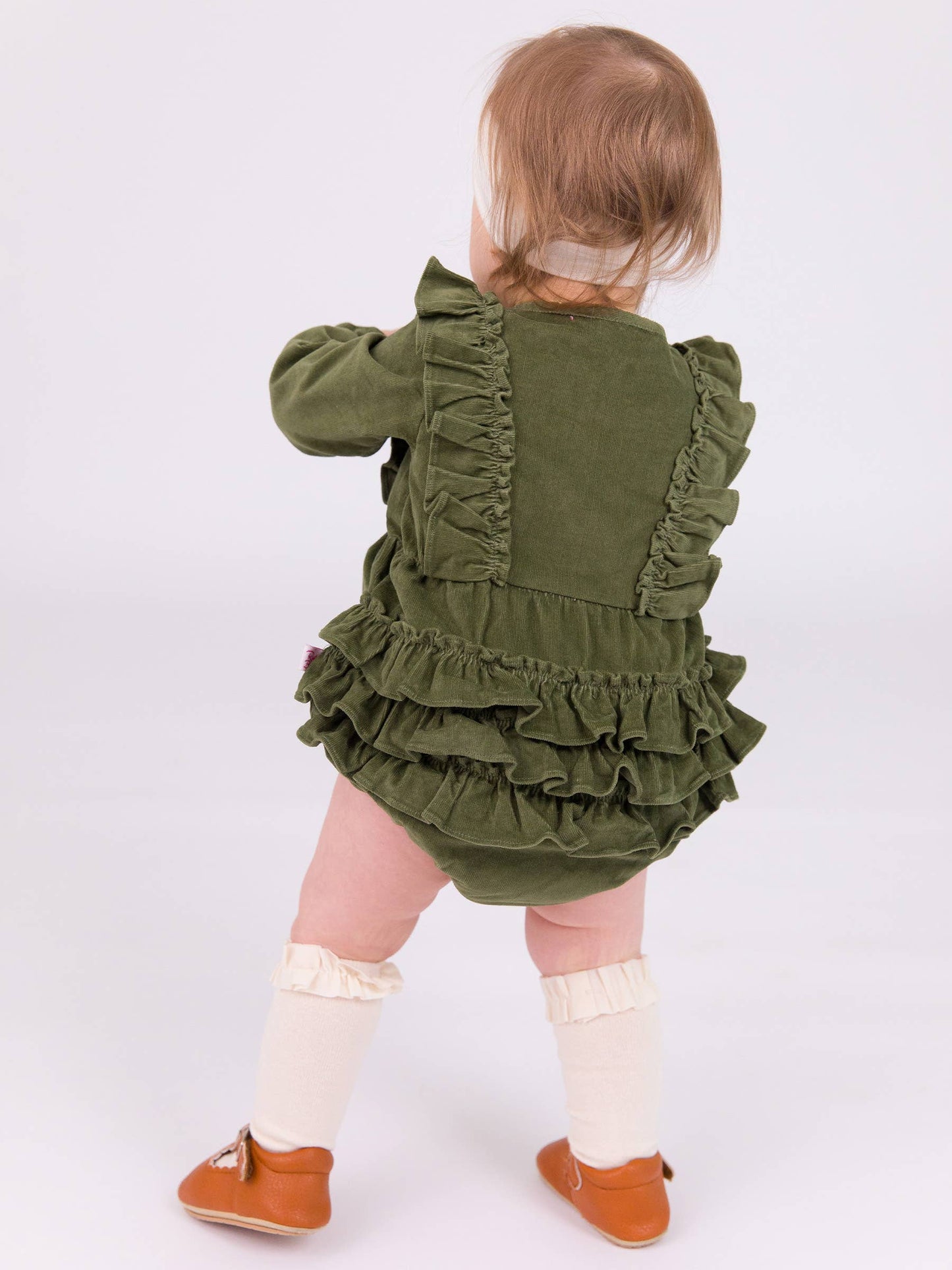 RuffleButts + RuggedButts - Baby Girls Dusty Olive Stretch Corduroy Waterfall Bubble Romper