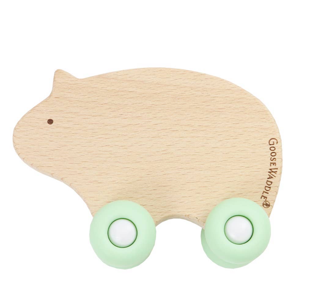 GooseWaddle + Pello - Silicone + Wood Teether with Wheels: Kitty/Pinky Wheels