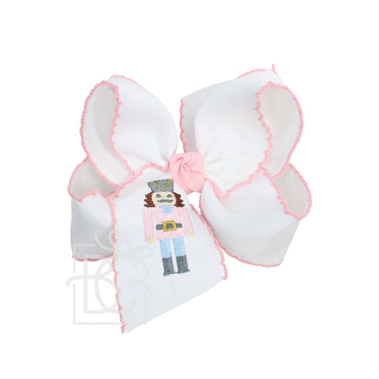 Beyond Creations, LLC - EMBROIDERED NUTCRACKER CROCHET EDGE BOWS: 5.5" Huge / White/ Light Pink Crochet Edge w/ Embroidered Nutcracker