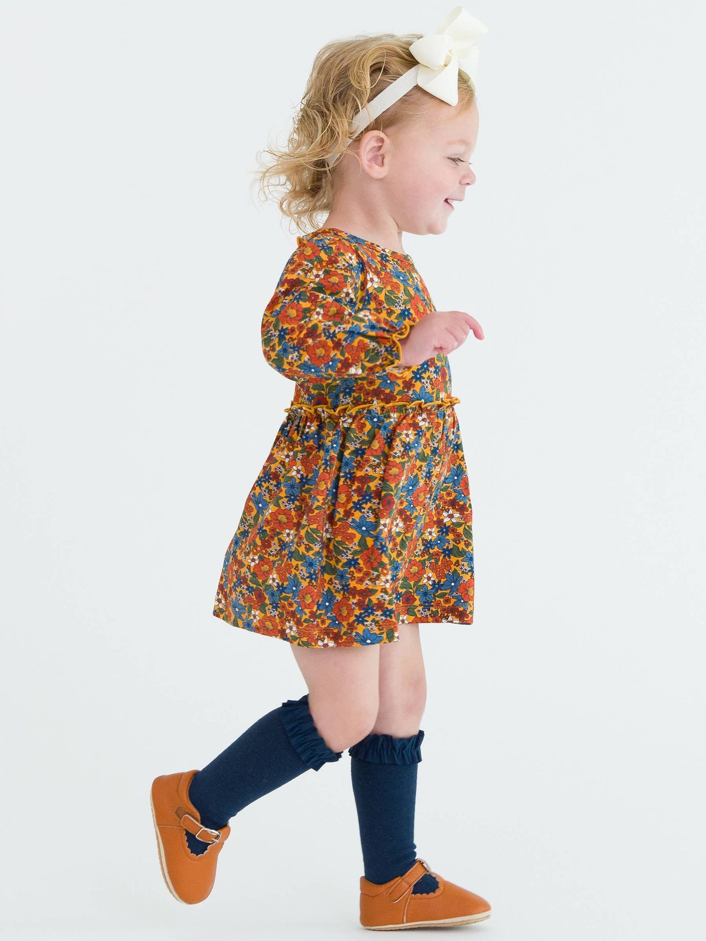 RuffleButts + RuggedButts - Baby Girls Golden Harvest Knit Long Sleeve Skirted Romper