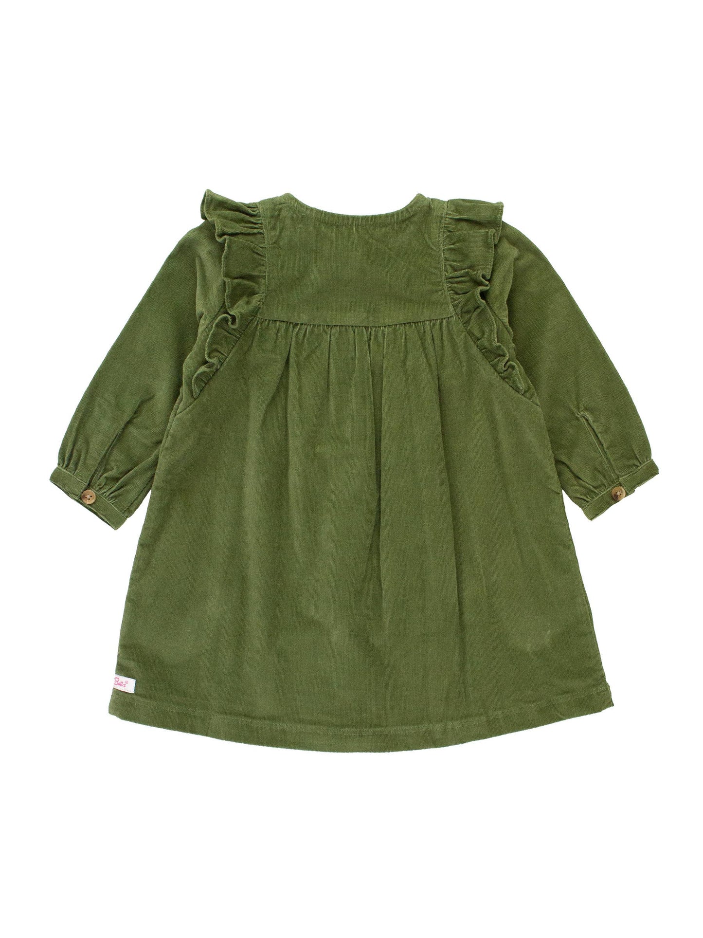 RuffleButts + RuggedButts - Girls Dusty Olive Stretch Corduroy Ruffle Detail Dress