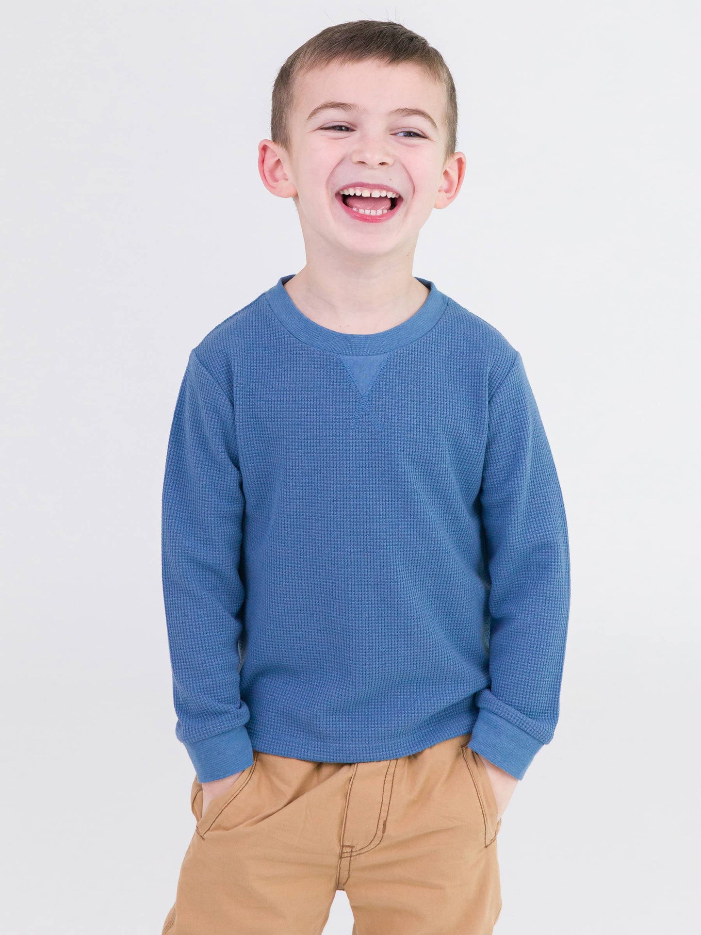 RuffleButts + RuggedButts - Boys Countryside Blue Waffle Knit Long Sleeve Crew Neck Shirt