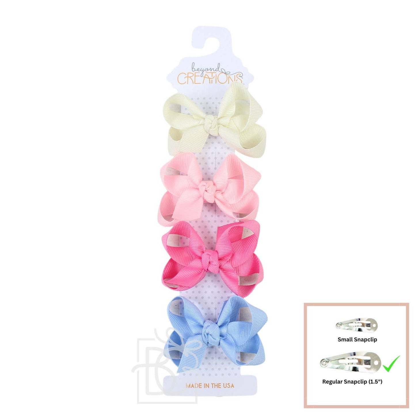 Beyond Creations, LLC - 4 PACK - 3" SMALL GROSGRAIN BOWS ON SNAP CLIP: Combo 1 - 4 Pack: White; Powder Pink; Pink; Powder Blue