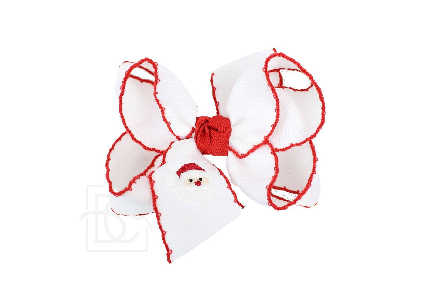 Beyond Creations, LLC - EMBROIDERED SANTA CROCHET EDGE BOWS: White w/ Light Pink Edge / 5.5" Huge