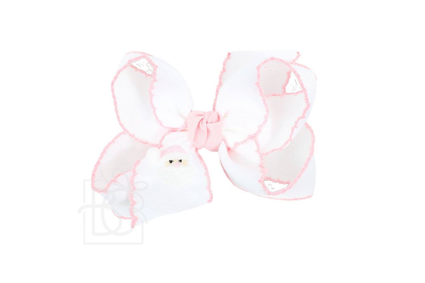 Beyond Creations, LLC - EMBROIDERED SANTA CROCHET EDGE BOWS: White w/ Light Pink Edge / 5.5" Huge