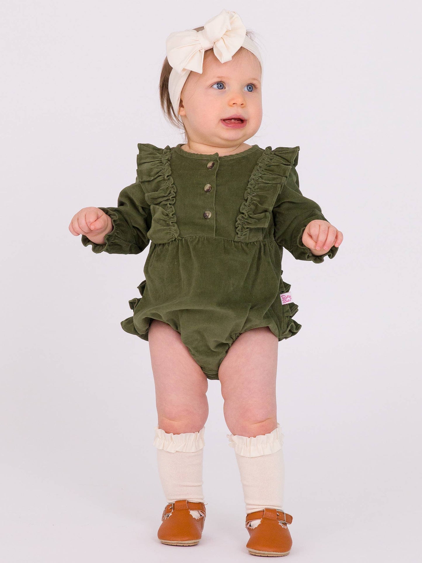 RuffleButts + RuggedButts - Baby Girls Dusty Olive Stretch Corduroy Waterfall Bubble Romper