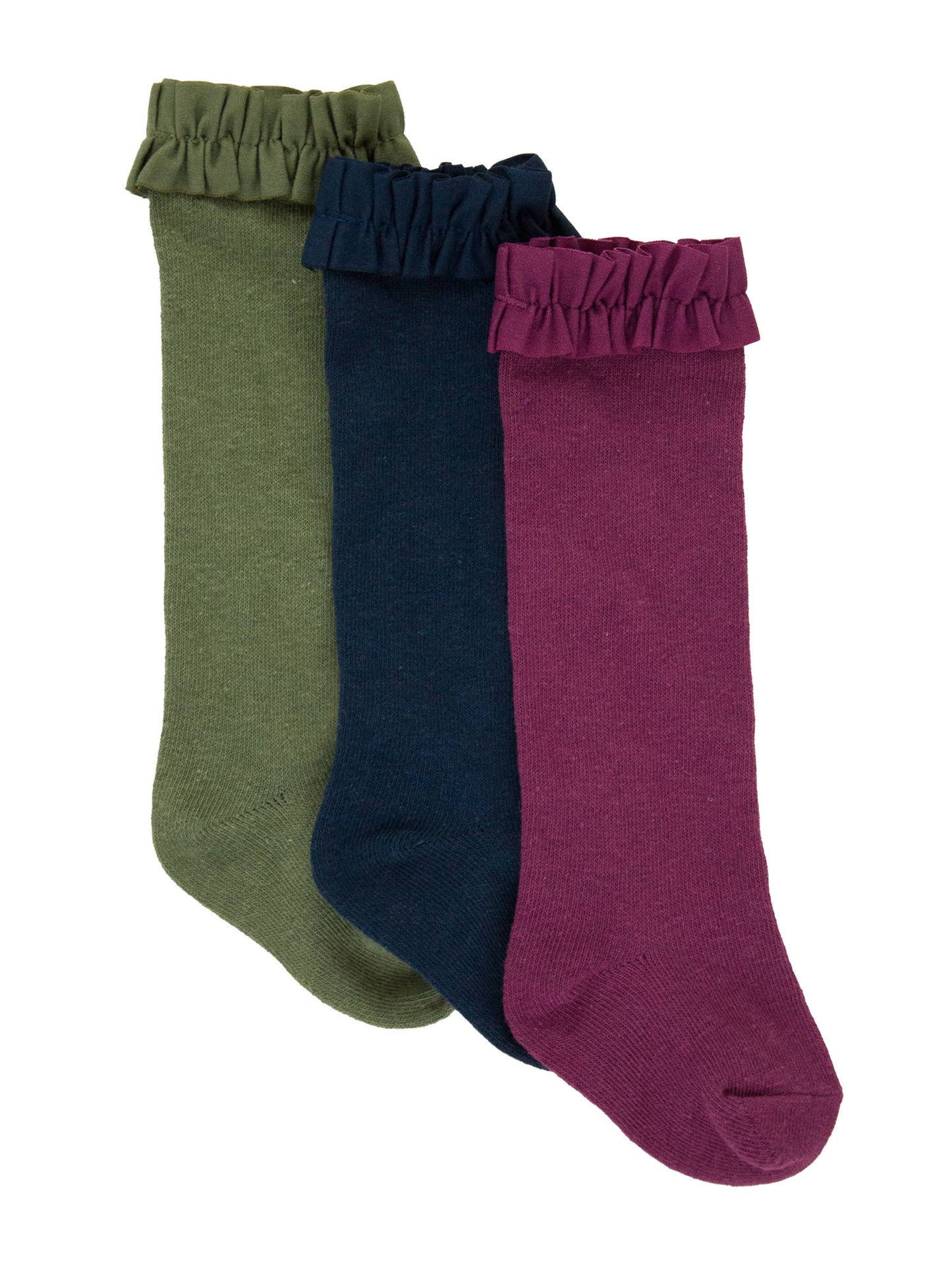 RuffleButts + RuggedButts - Girls 3-Pack Knee High Ruffle Socks - Dusty Olive, Navy, & Eggplant Harvest: Green