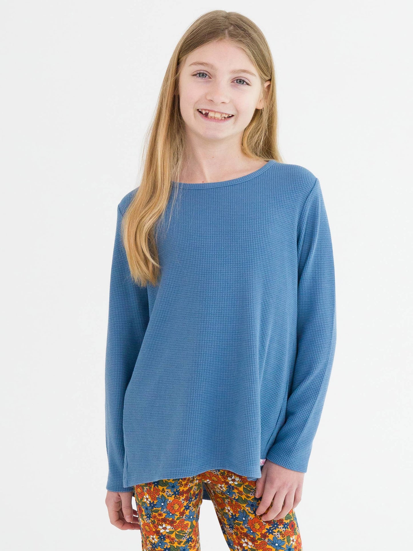 RuffleButts + RuggedButts - Girls Countryside Blue Waffle Knit Long Sleeve Bow Back Top