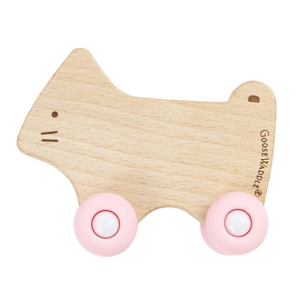 GooseWaddle + Pello - Silicone + Wood Teether with Wheels: Kitty/Pinky Wheels