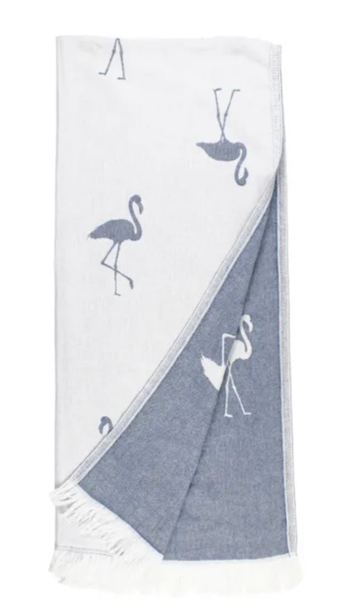 Ruffle Butts- Beach Towel-Navy Flamingo