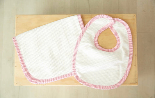 Stork + Loom- Bib + Burp Cloth Set-Seersucker Pink